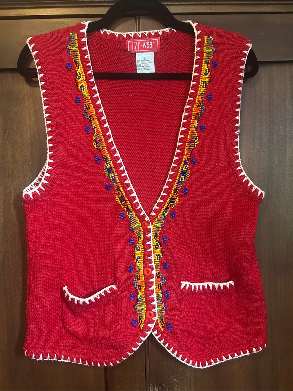 Red Embroidered Beaded Silk Cotton Knit Vest L
